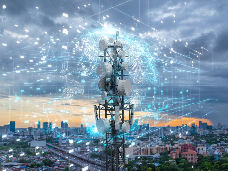 Telecommunication,Tower,With,5g,Cellular,Network,Antenna,On,City,Background,